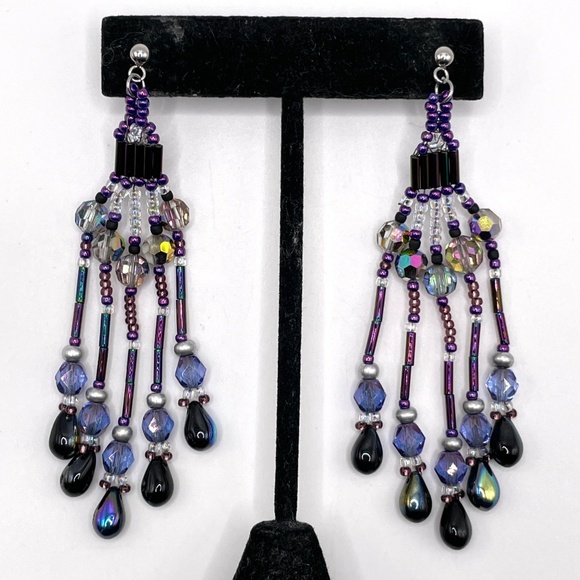 Hand Crafted Contemporary AB Crystal Czech Glass Duster Pierced Earrings - Picture 1 of 11